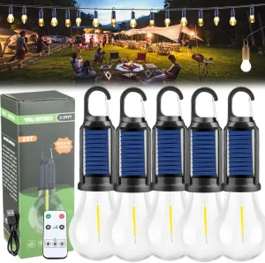 Solar Rechargeable Hooked Camping Light, Solar Rechargeable Light Bulbs, USB Charging Tungsten Light Bulb Solars Lights with Power Display, LED Tent Lights with IPX4 Waterproof (5*Spherical)