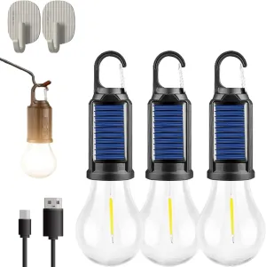 Solar Rechargeable Hooked Camping Light, Solar Tent Lights USB Rechargeable LED Camping Lantern, Shineshore Outdoor Vintage Hooked Camping Light, for Hiking, Campsites (Type-a, 3pcs)