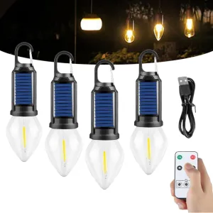 Solar Rechargeable Hooked Camping Light,Waterproof USB Rechargeable LED Outdoor Emergency Light Bulb,Multi Functional Portable Tent Ambient Light (4pcs Conical, 7.6*2.4in)