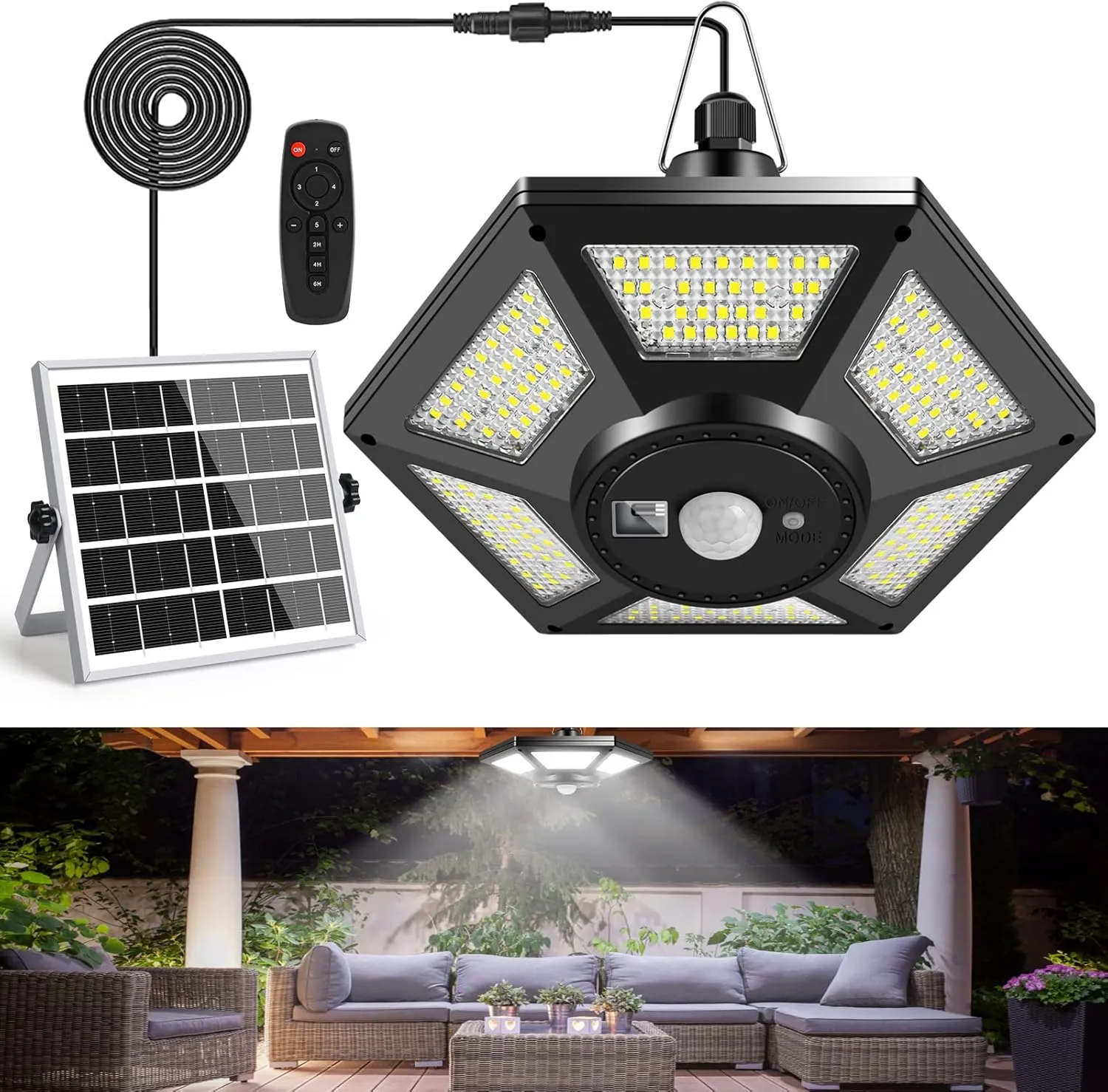 Solar Shed Light, Solar Pendant Light Indoor Outdoor,180 LED 1000LM Solar Indoor Lights Motion Sensor with Remote Control for Shed Barn Gazebo Garage Home