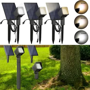 Solar Spot Light Landscape Lighting - 3 Pack of Outdoor Landscaping Light, 500 Lumen Garden or Accent Lighting for House or Trees, Dual Beam Angle, and 3 Light Colors,10ft Cable and Remote Solar Panel
