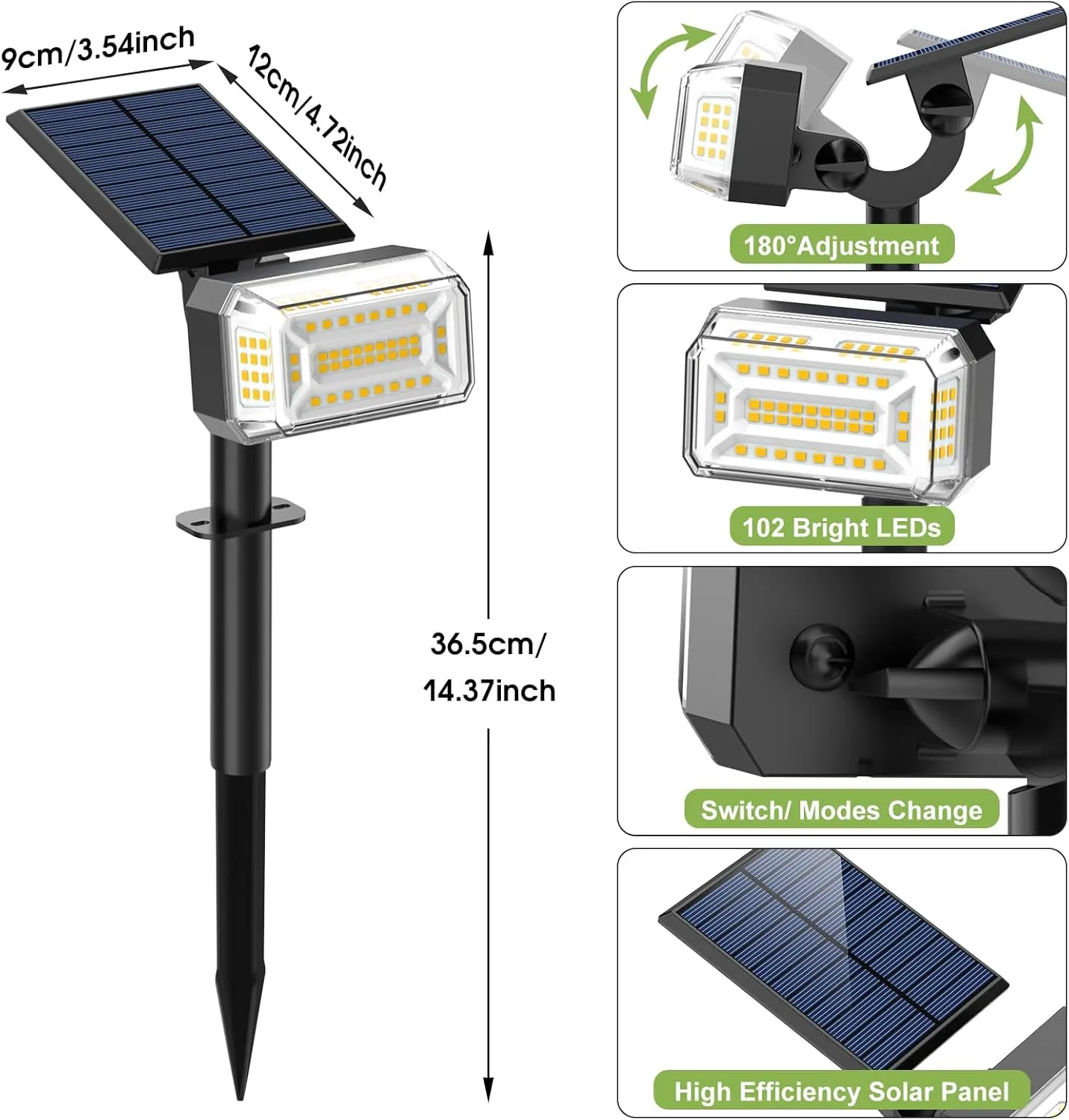 Solar Spot Lights Outdoor, 102 LED Solar Garden Yard Spotlight Waterproof Landscape Flood Powered Lights with Adjustable Light & Panel, 4 Lighting Modes for Pathway Driveway, 4 Pack(Warm White)