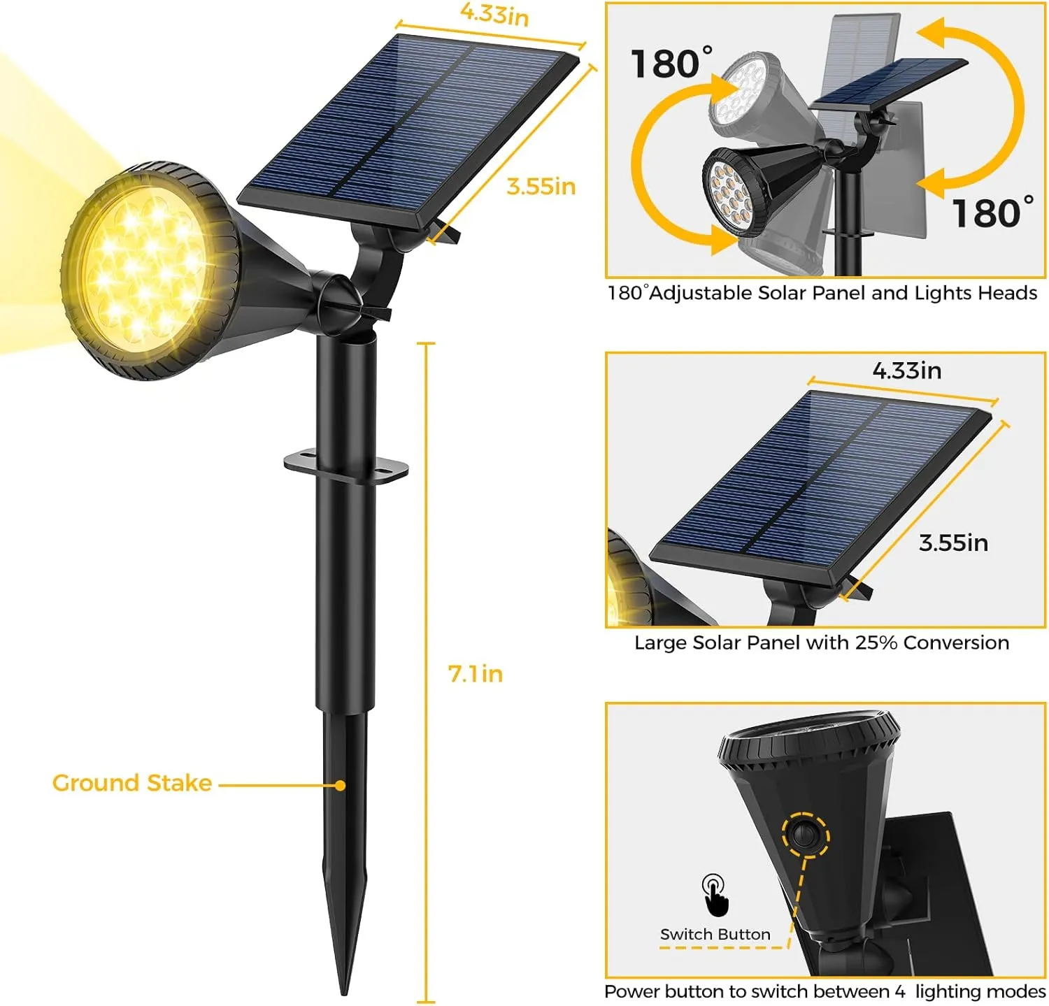 Solar Spot Lights Outdoor, 4 Modes/6 Pack Solar Spotlights Waterproof, 180° Adjustable Powered Landscape Lights, Outdoor Solar Lights for Yard Garden Pathway Flag Tree Wall Statue Warm White