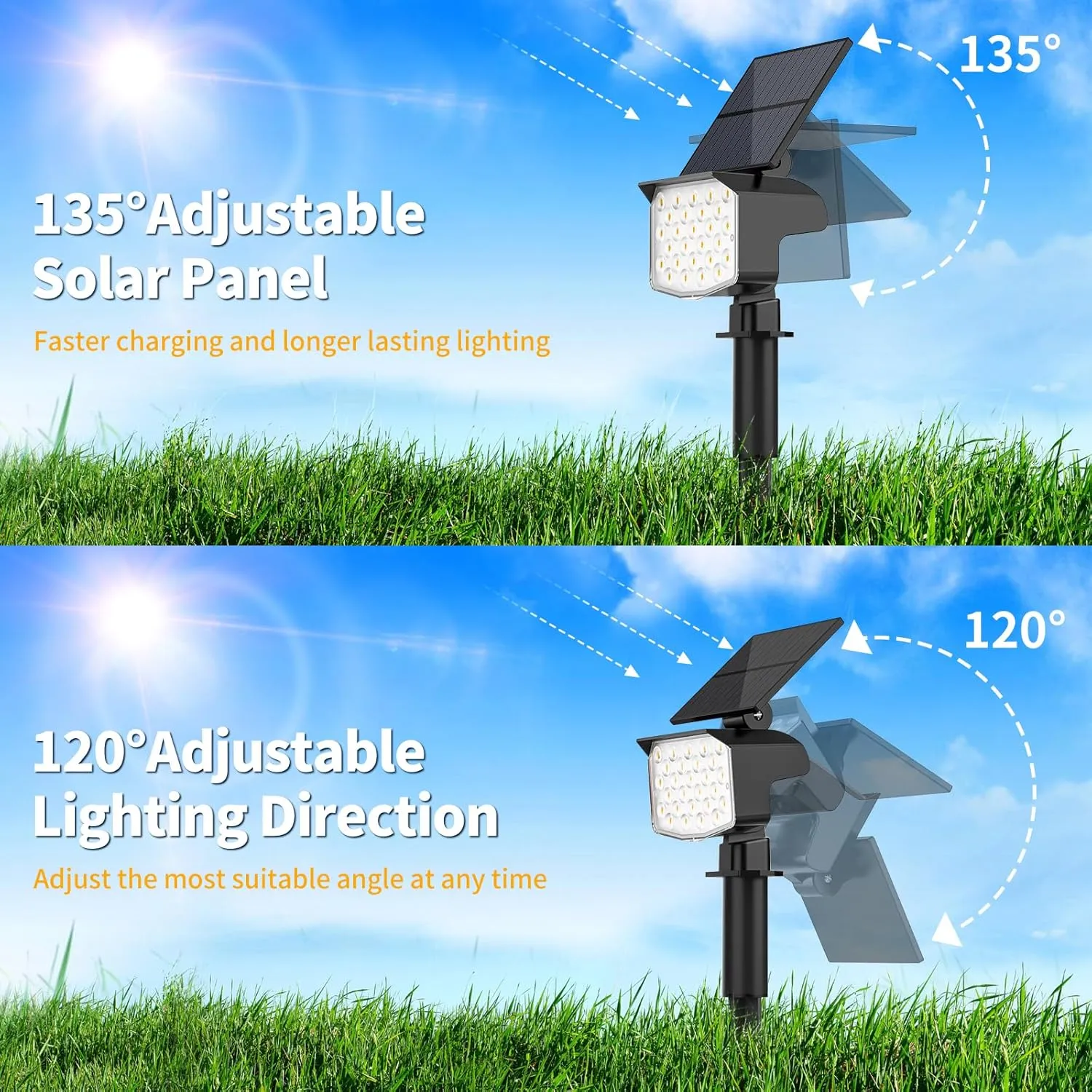Solar Spot Lights Outdoor Waterproof Adjustable Solar Powered Landscape Lights for Yard 3 Long Time Lighting Modes Spotlights for Pathway Garden Outside Wall Pool Porch- 2 Pack, Warm White
