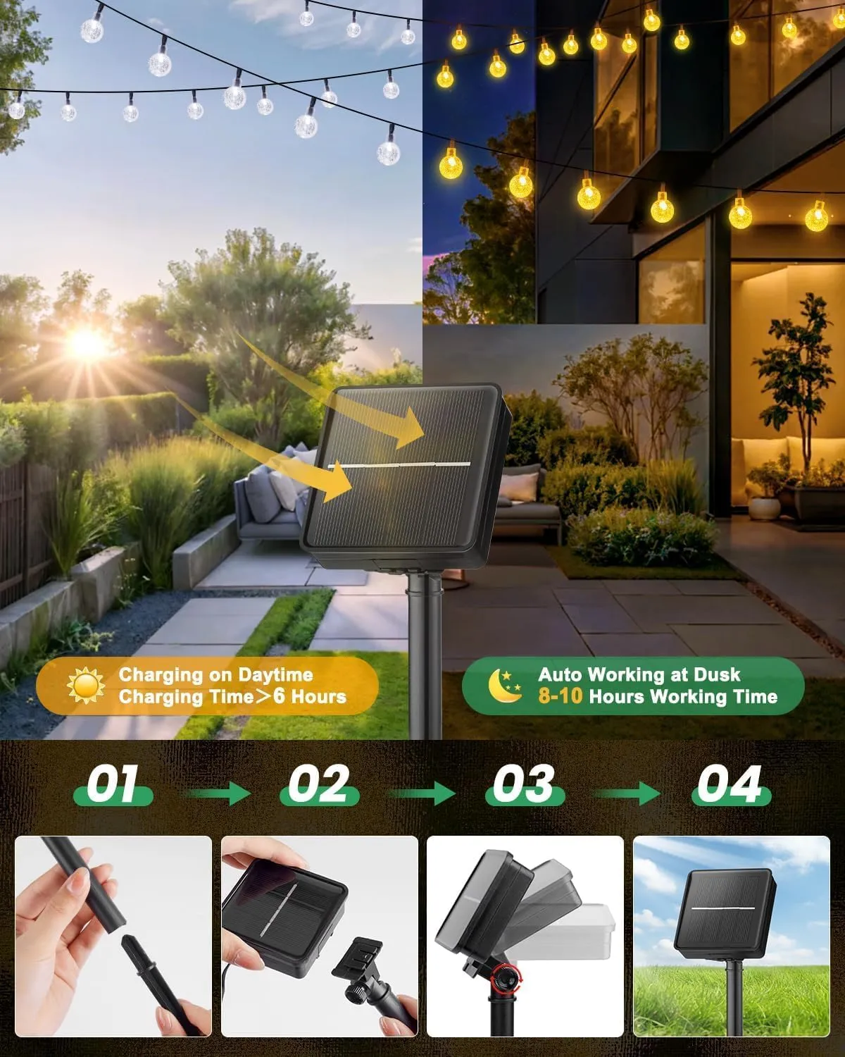 Solar String Lights Outdoor Waterproof, 2 Pack 60 LED 36.5 FT Each, Solar Powered Patio Lights with 8 Lighting Modes for Garden Yard Porch Wedding Party Decor (Warm White)