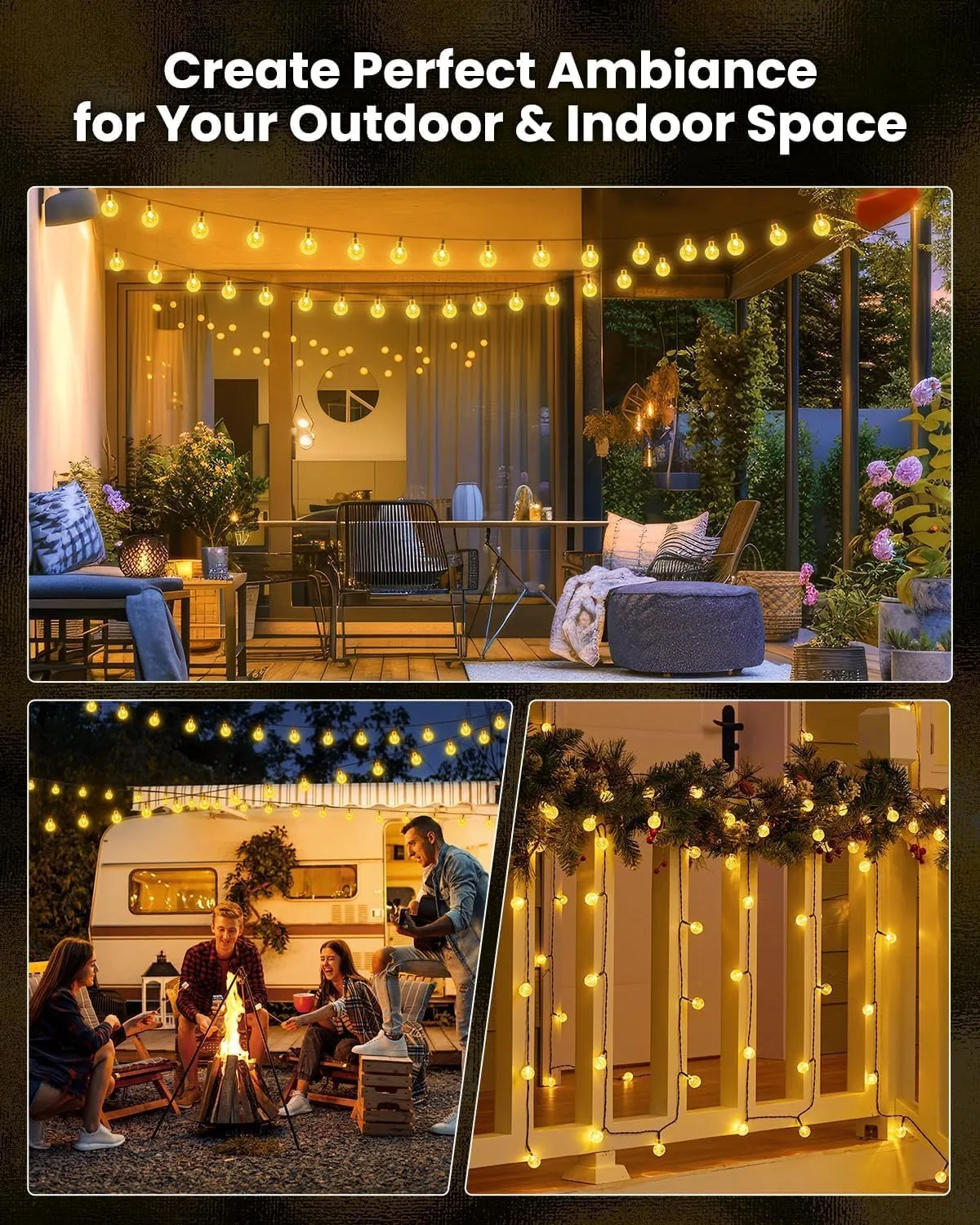 Solar String Lights Outdoor Waterproof, 2 Pack 60 LED 36.5 FT Each, Solar Powered Patio Lights with 8 Lighting Modes for Garden Yard Porch Wedding Party Decor (Warm White)