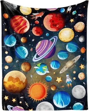 Solar System Throw Blanket, 40" x 30" Flannel Cute Planets Themed Stuffed Throw, Soft Nap Throw Blankets for Boys Girls Women Galaxy Lovers