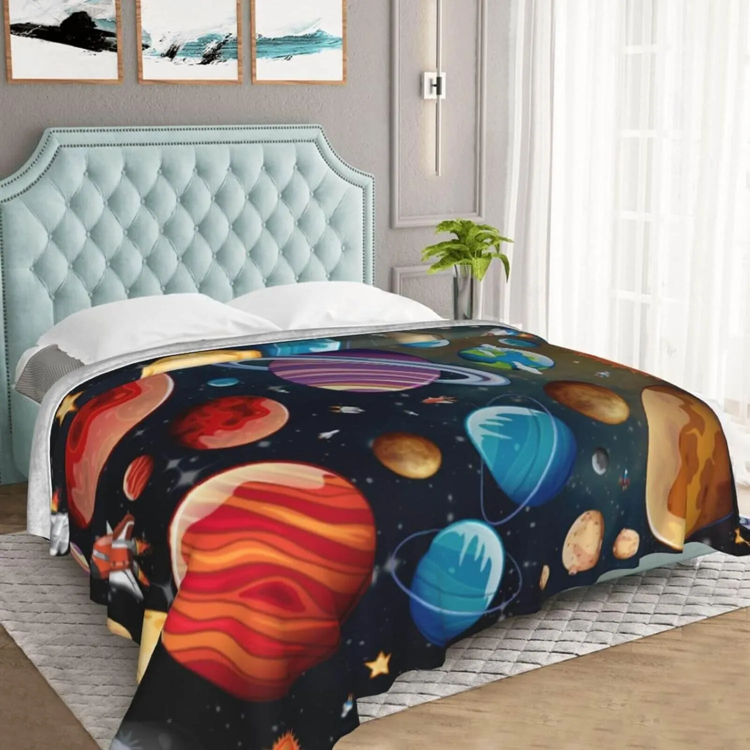 Solar System Throw Blanket, 40" x 30" Flannel Cute Planets Themed Stuffed Throw, Soft Nap Throw Blankets for Boys Girls Women Galaxy Lovers