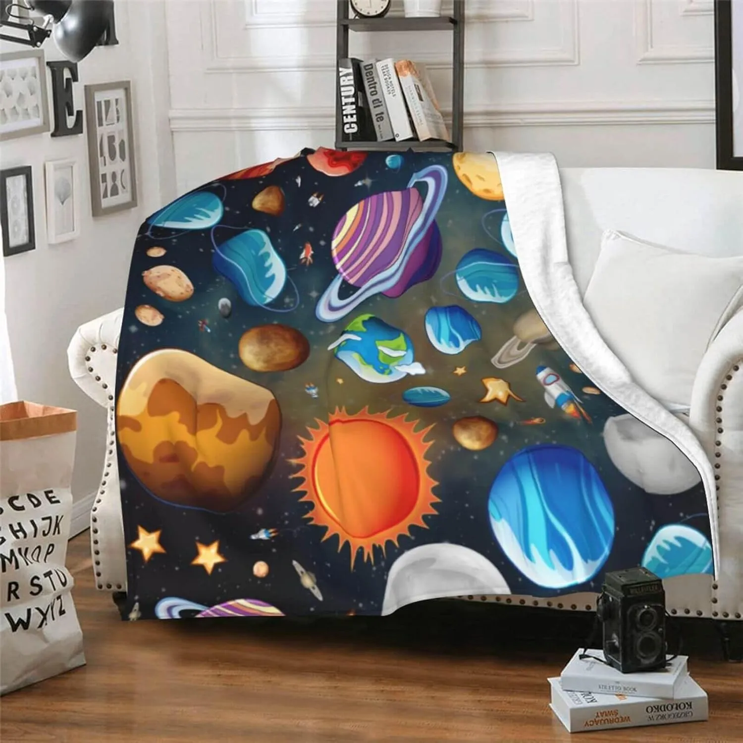 Solar System Throw Blanket, 40" x 30" Flannel Cute Planets Themed Stuffed Throw, Soft Nap Throw Blankets for Boys Girls Women Galaxy Lovers