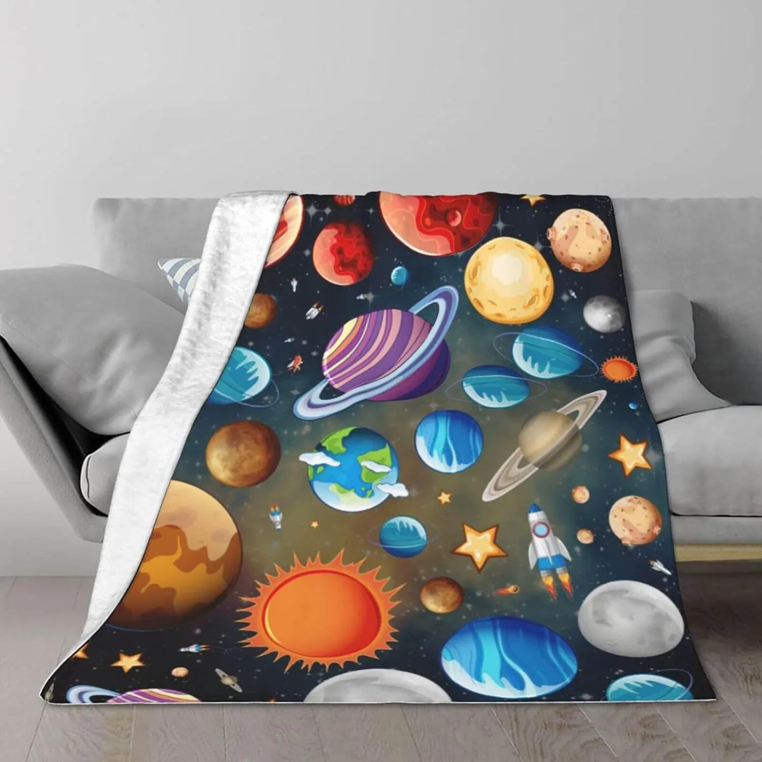 Solar System Throw Blanket, 40" x 30" Flannel Cute Planets Themed Stuffed Throw, Soft Nap Throw Blankets for Boys Girls Women Galaxy Lovers