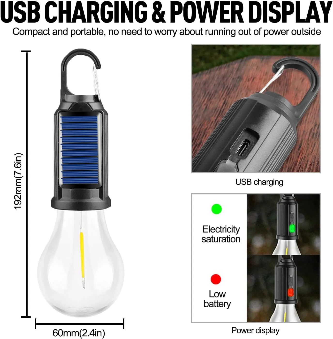 Solar Tent Camping Light Bulb Rechargeable Portable LED Camping Lantern3 Lighting Modes Tungsten Light Tent Lamp with Clip Hook for Camping, Hiking, Backpacking, Emergency Outage (T02)