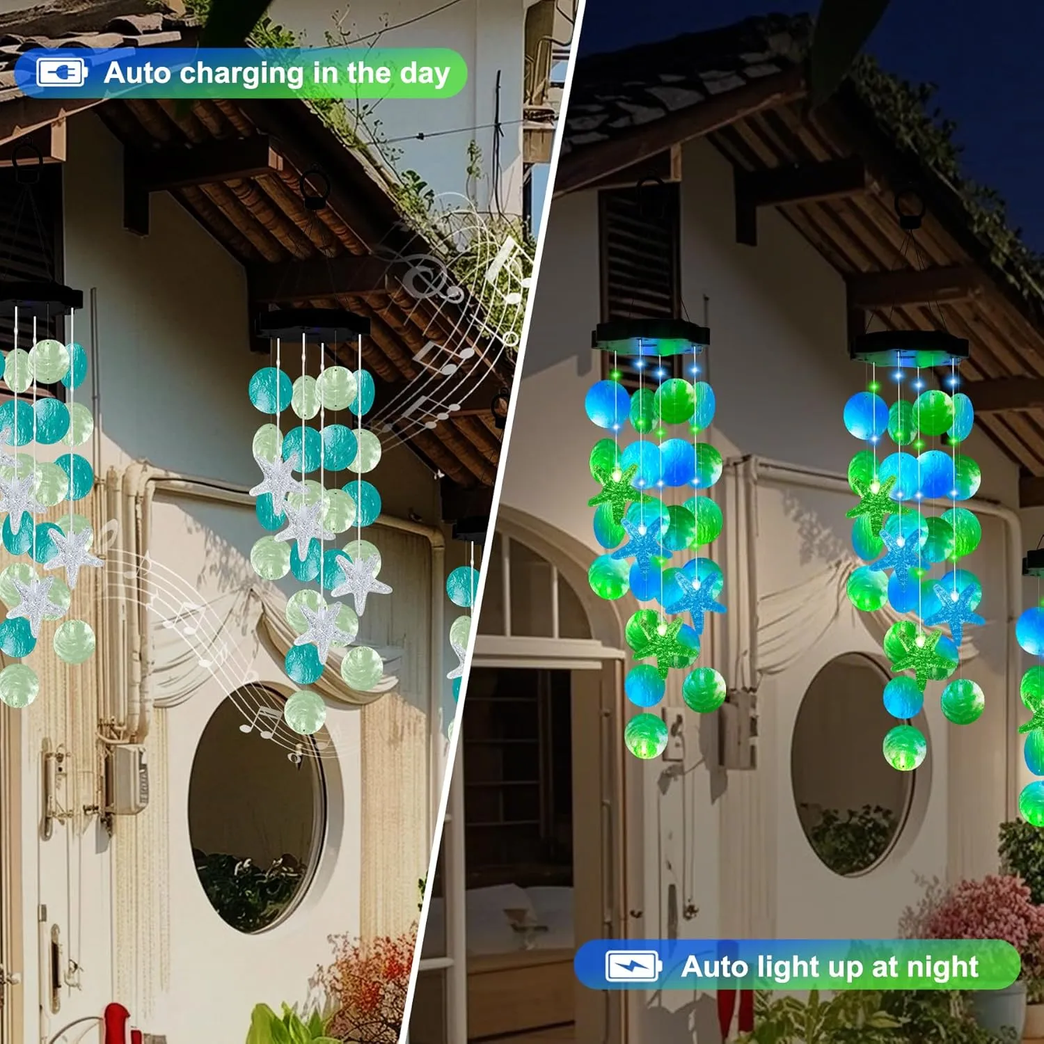 Solar Wind Chimes for Outside Garden, Handcrafted Capiz Shell Wind Chime Lights Outdoor Ocean/Beach Themed Gift for Mom Grandma Women Mother’s Day, Solar Lights Mobile Decoration for Patio Yard Garden