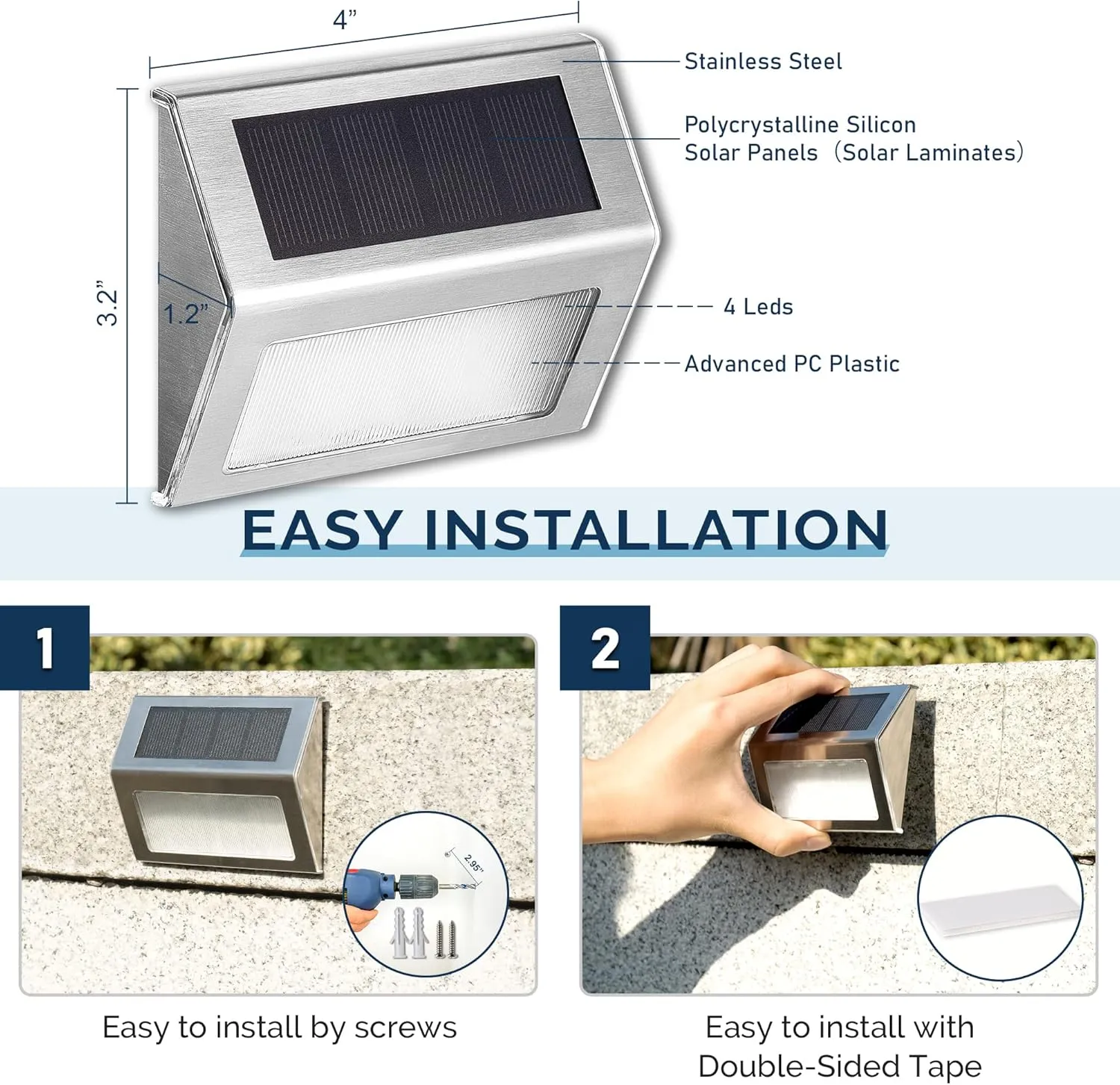 SOLPEX Solar Fence Lights, 12 Pack Solar Powered Deck Lights Outdoor Waterproof,4 LEDs Solar Step Lighting for Stair Stairway Patio Porch Pathway Walkway Garden (Cold White)