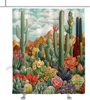 Southwest Cactus Shower Curtain Flowering Succulent Shower Curtains Neutral Boho Bathroom Decor Accessory with Hooks 72" W x 84" H