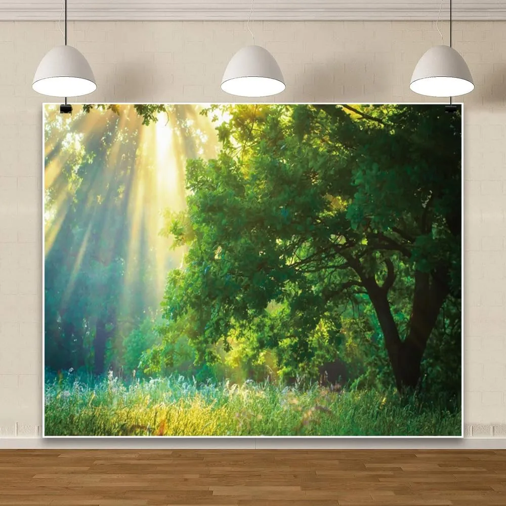 Spring Green Forest Backdrop 10x8ft Sunlight Grassland Nature Camping Themed Photography Background for Baby Shower Birthday Party Decor Banner Photo Studio Props