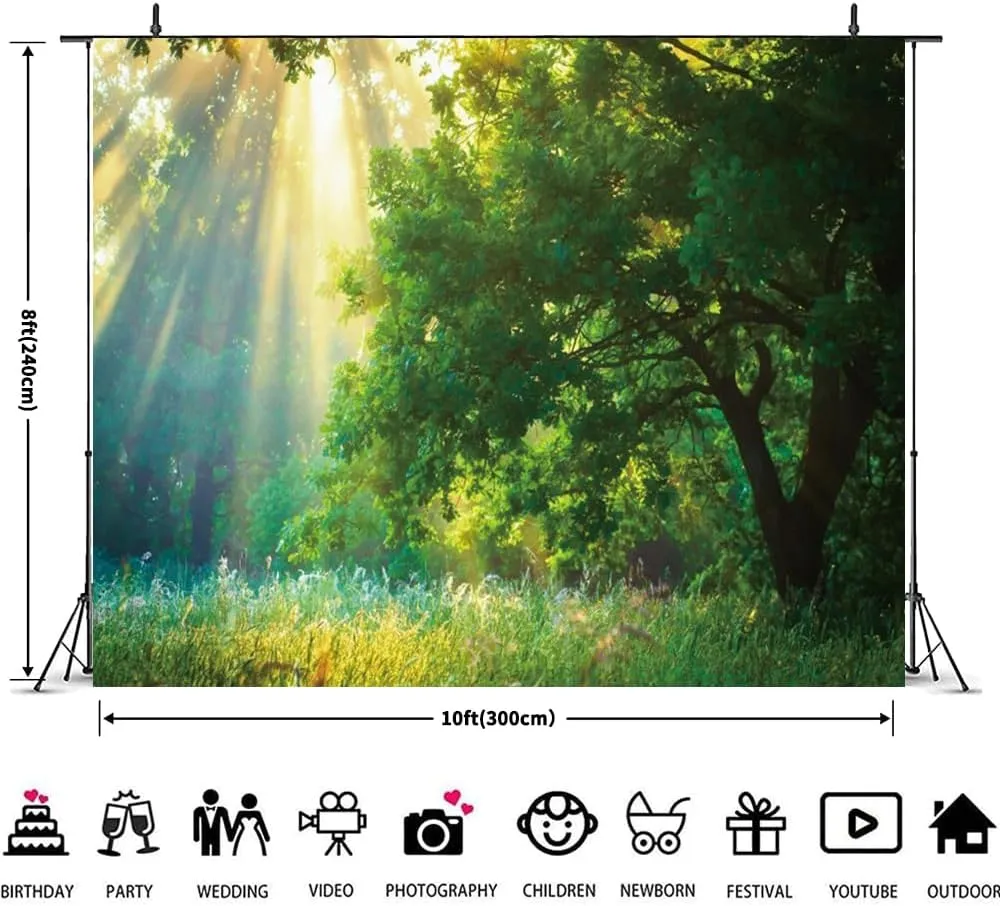 Spring Green Forest Backdrop 10x8ft Sunlight Grassland Nature Camping Themed Photography Background for Baby Shower Birthday Party Decor Banner Photo Studio Props