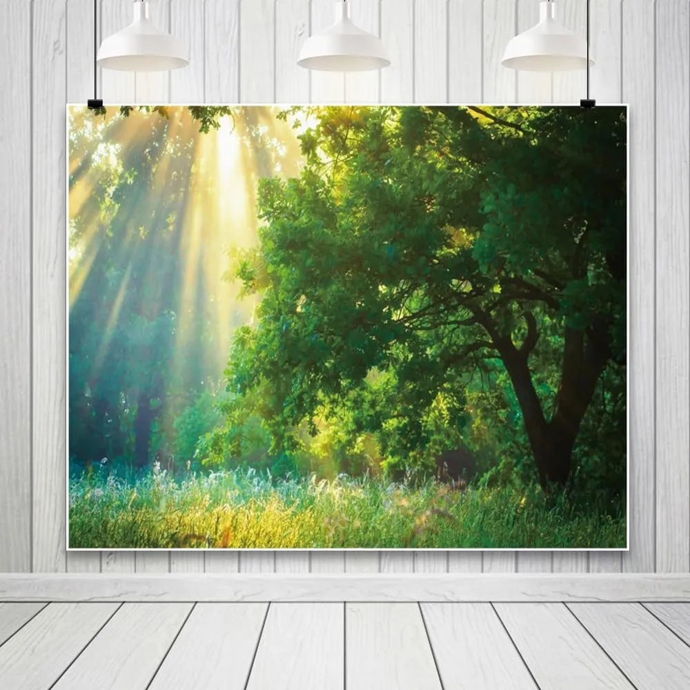 Spring Green Forest Backdrop 10x8ft Sunlight Grassland Nature Camping Themed Photography Background for Baby Shower Birthday Party Decor Banner Photo Studio Props