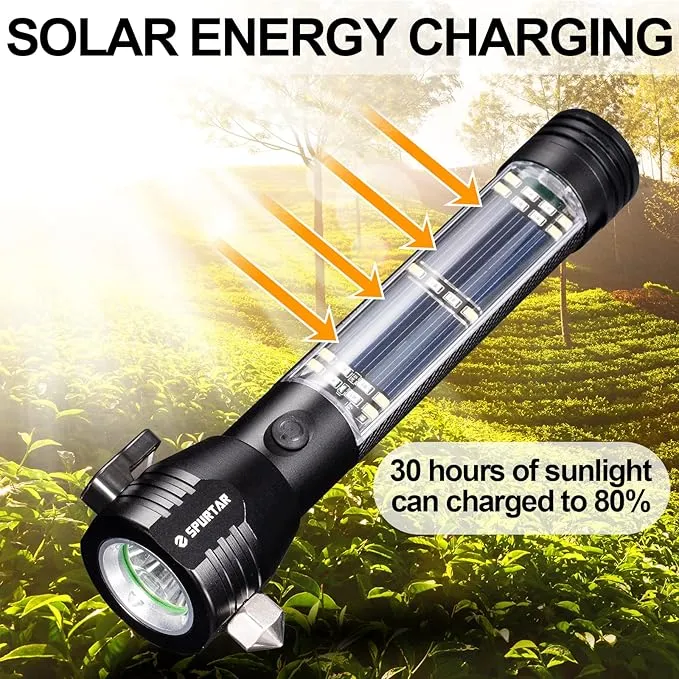 Spurtar Solar Powered Flashlight 2 Packs 2000mah USB Rechargeable Tactical Torch, Emergency Flashlights with Car Hammer Seat Belt Cutter Compass & Magnet 7 Modes, Emergency Car Kit