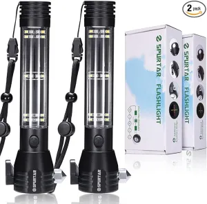 Spurtar Solar Powered Flashlight 2 Packs 2000mah USB Rechargeable Tactical Torch, Emergency Flashlights with Car Hammer Seat Belt Cutter Compass & Magnet 7 Modes, Emergency Car Kit