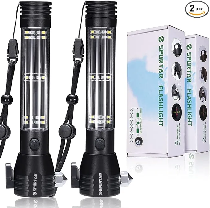 Spurtar Solar Powered Flashlight 2 Packs 2000mah USB Rechargeable Tactical Torch, Emergency Flashlights with Car Hammer Seat Belt Cutter Compass & Magnet 7 Modes, Emergency Car Kit