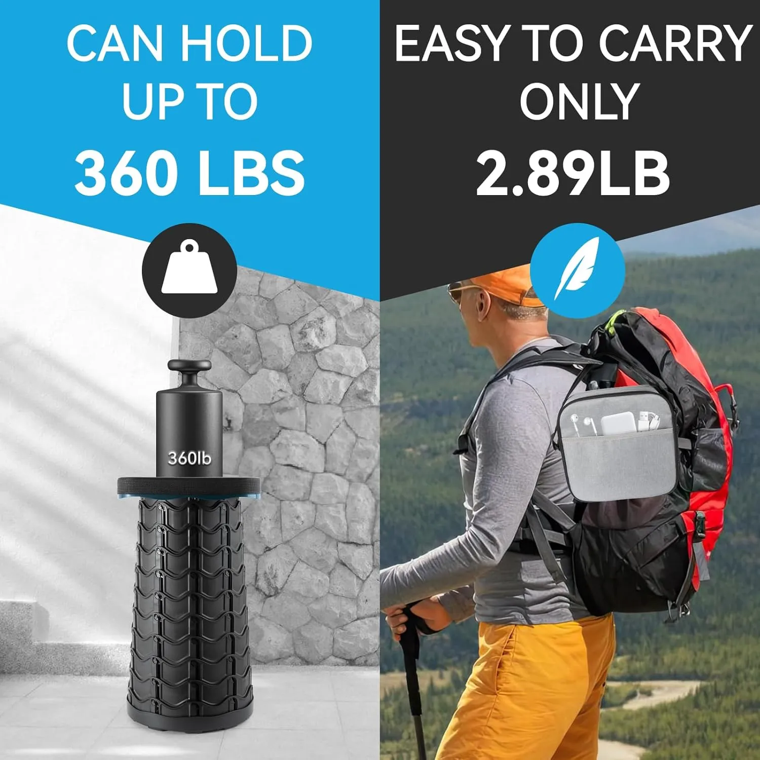 Square Collapsible Stool with 3-in-1 Carry Bag, Adjustable Retractable Portable Seat - Max Load 360lbs, Foldable Stool with Cushion & Beverage Holder, Camping Seat for Fishing Hiking(Blue)