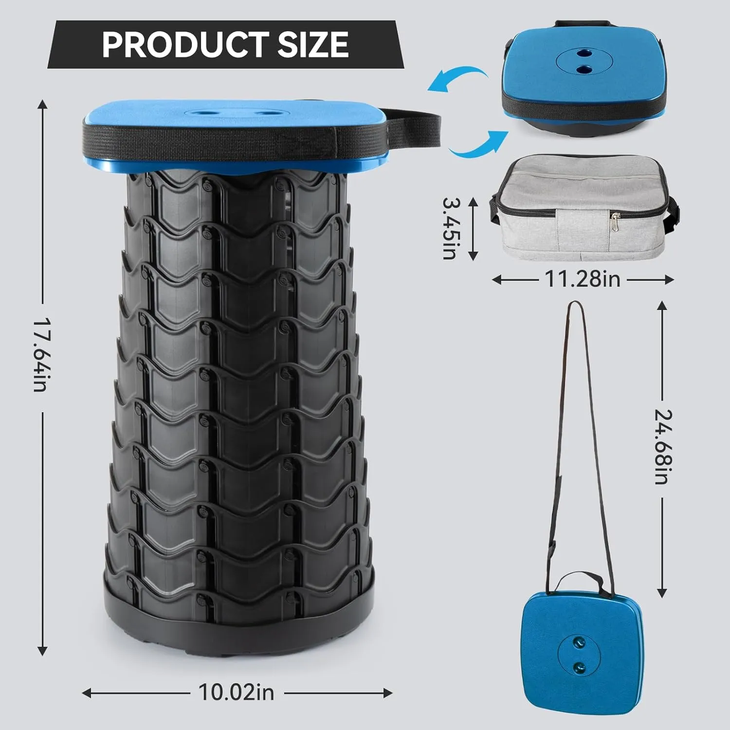 Square Collapsible Stool with 3-in-1 Carry Bag, Adjustable Retractable Portable Seat - Max Load 360lbs, Foldable Stool with Cushion & Beverage Holder, Camping Seat for Fishing Hiking(Blue)