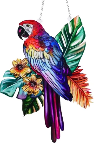 Stained Glass Window Hanging Birds, Marzovitra 12 inch Large Parrot Suncatchers for Windows Hanging Hummingbird Gifts Bird Decor for Garden, Home Sun Catcher Window Decor Glass Art Decor (Colorful)