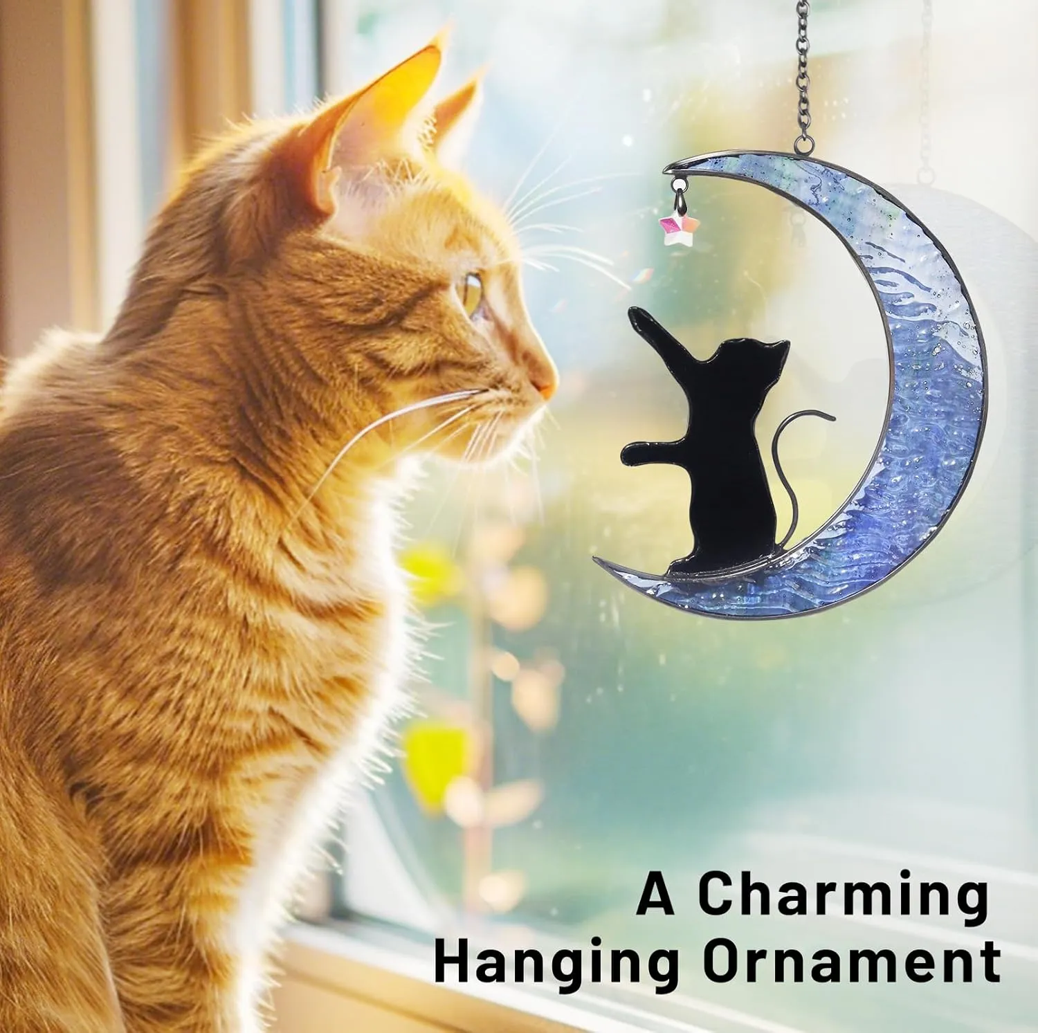 Stained Glass Window Hanging Suncatcher - Black Cat on Blue Moon with Crystal Star Light Catcher Decor, Cat Lovers Gifts Ornament for Women, Pet Memorial Sympathy Remembrance Gift Decoration