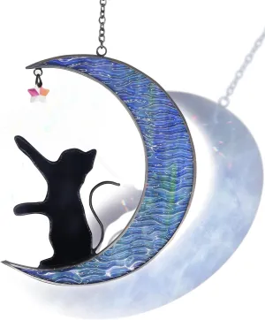 Stained Glass Window Hanging Suncatcher - Black Cat on Blue Moon with Crystal Star Light Catcher Decor, Cat Lovers Gifts Ornament for Women, Pet Memorial Sympathy Remembrance Gift Decoration