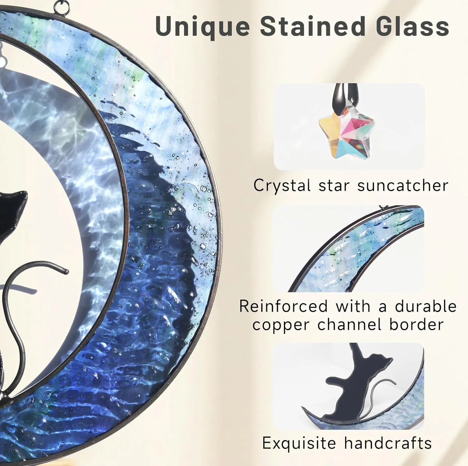 Stained Glass Window Hanging Suncatcher - Black Cat on Blue Moon with Crystal Star Light Catcher Decor, Cat Lovers Gifts Ornament for Women, Pet Memorial Sympathy Remembrance Gift Decoration