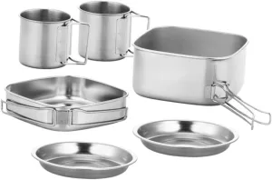 Stainless Camping Tableware Set 6pc Folding Cookware Set Compact Camping Pot for Outdoor Cooking Hiking and BBQ