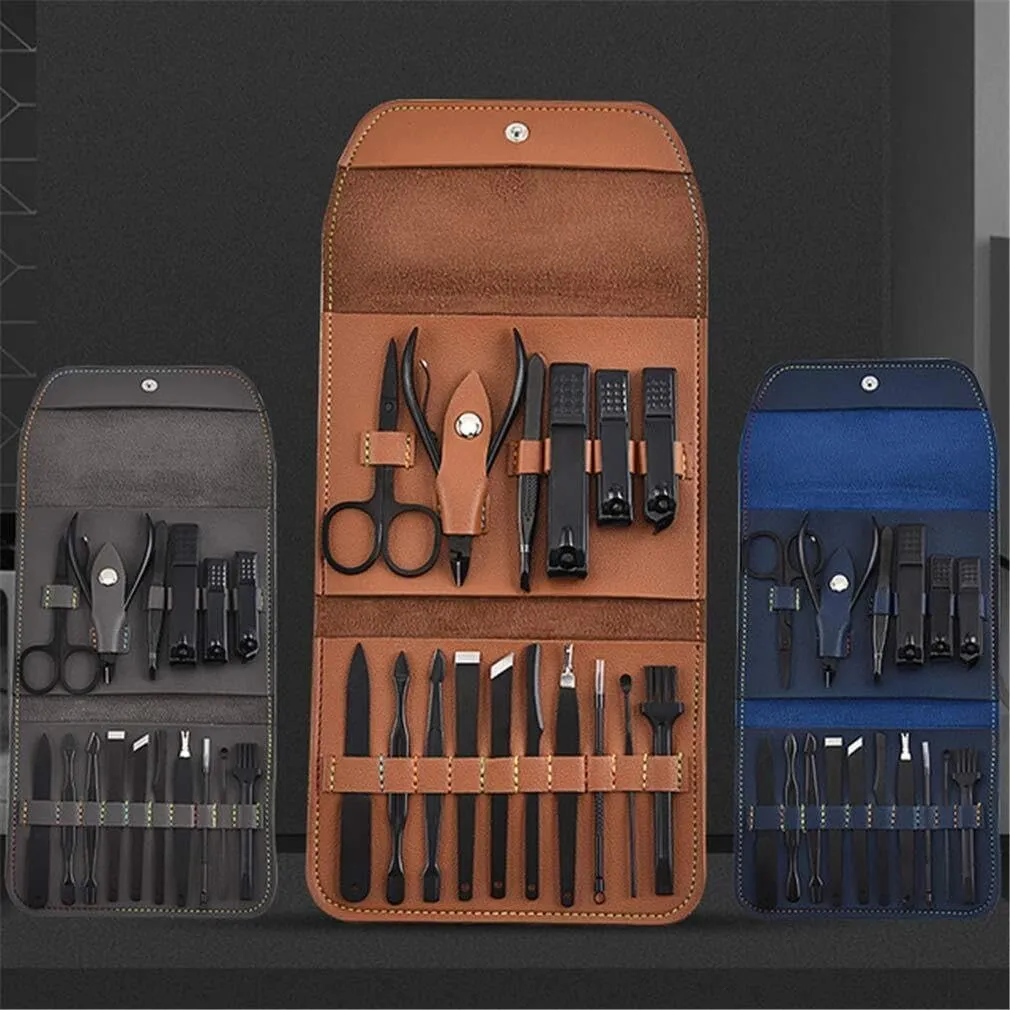 Stainless Steel 14-Piece Manicure Pedicure Set – Nail Clippers, Cuticle Clippers & Travel Kit with Leather Case for Men & Women (Black)