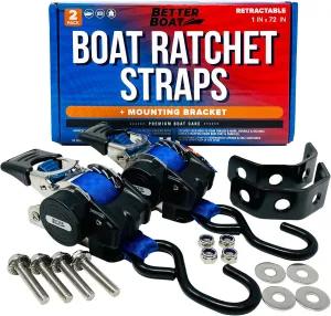 Stainless Steel Retractable Ratchet Straps, Heavy Duty Set, 1 Inch x 72 Inch, 2 Transom Tie-Downs with Mounting Brackets and Bolts, Auto Self-Retracting Buckle for Boat Trailer and Cargo