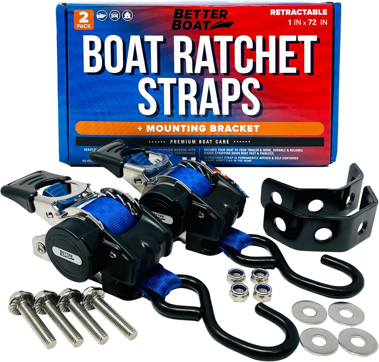 Stainless Steel Retractable Ratchet Straps, Heavy Duty Set, 1 Inch x 72 Inch, 2 Transom Tie-Downs with Mounting Brackets and Bolts, Auto Self-Retracting Buckle for Boat Trailer and Cargo