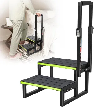 Step Stool with Adjustable Handrail (26"to 40") Aluminium 2-Step Stool w/Step Cover, 350 lb Weight Capacity, Sturdy and Safe for Seniors, Adults, Economy Universal Mobile Home Steps