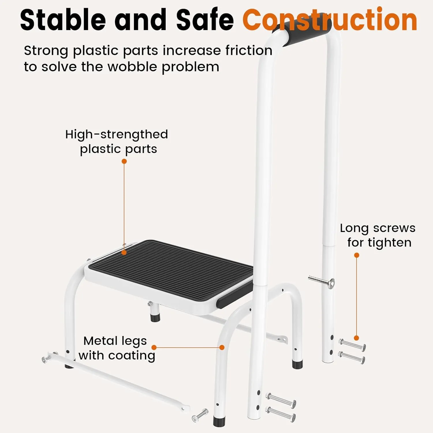Step Stool with Handle for Ederly, Sturdy and Lightweight Stool,Easy Assmbly,Safely Supports up to 350 Pounds