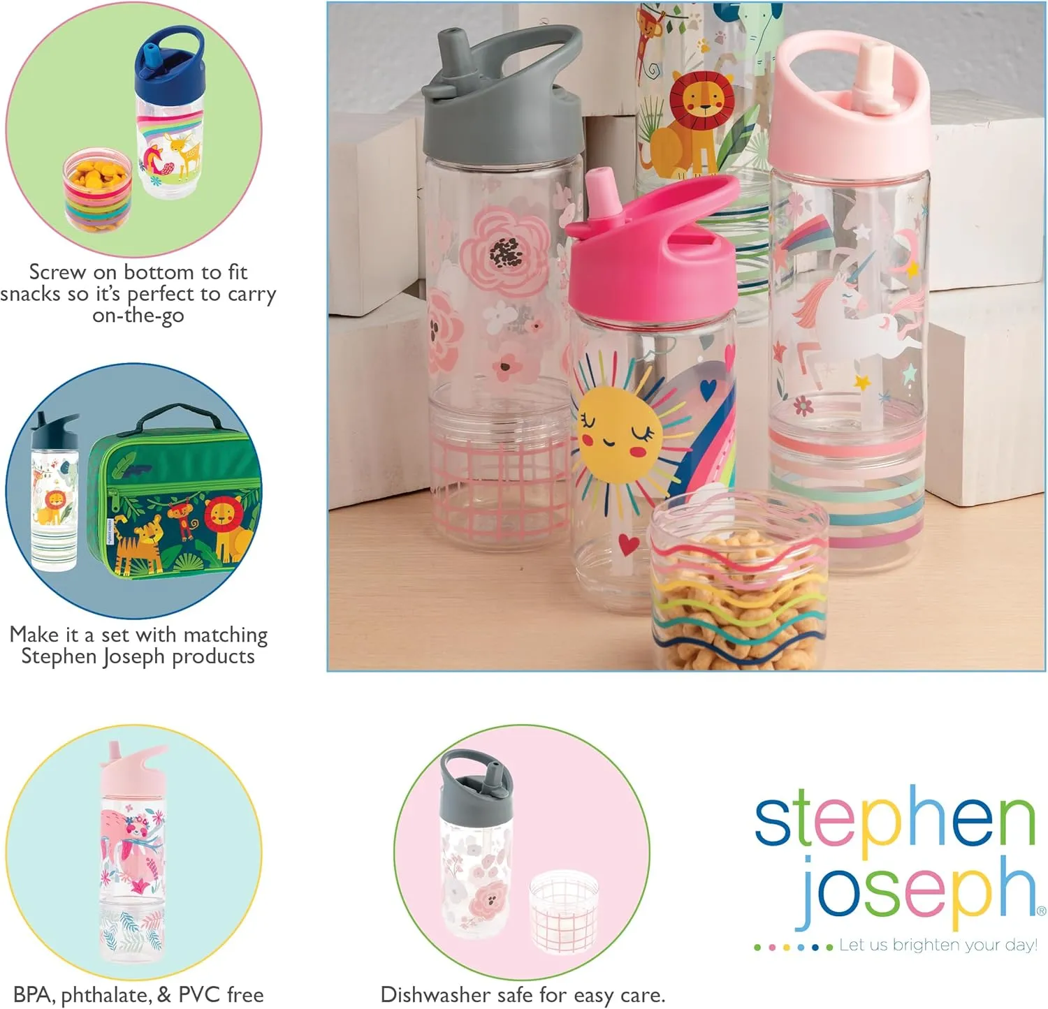 Stephen Joseph, Kids Sip and Snack Water Bottle, 12 oz Tritan BPA Free, Drink and Snack Water Bottle for Girls & Boys, Back to School Water Bottle, Construction