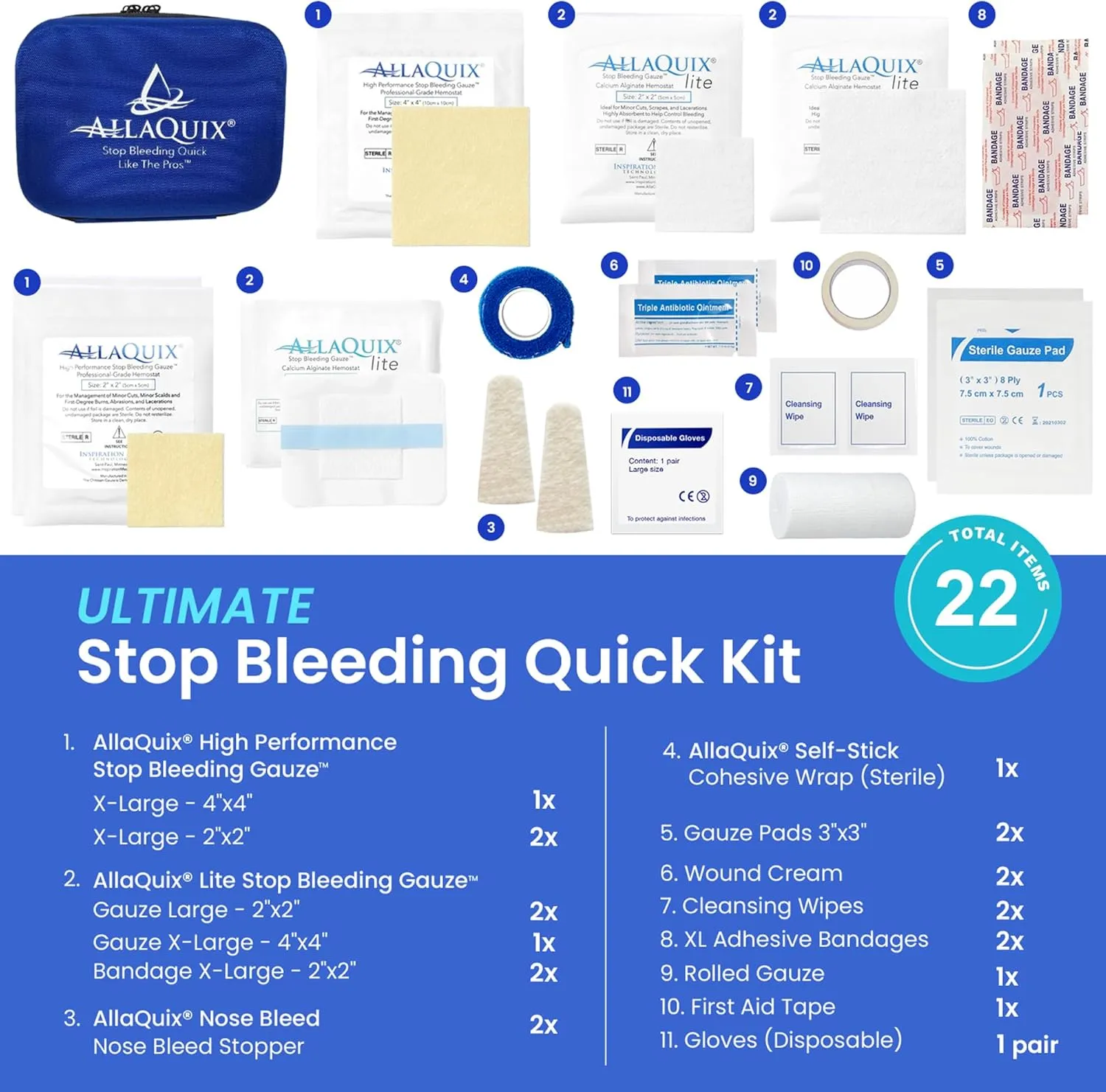 Stop Bleeding Quick Kit - First-aid with AllaQuix Stop Bleeding Gauze (Blood clotting Bandage) (Ultimate)