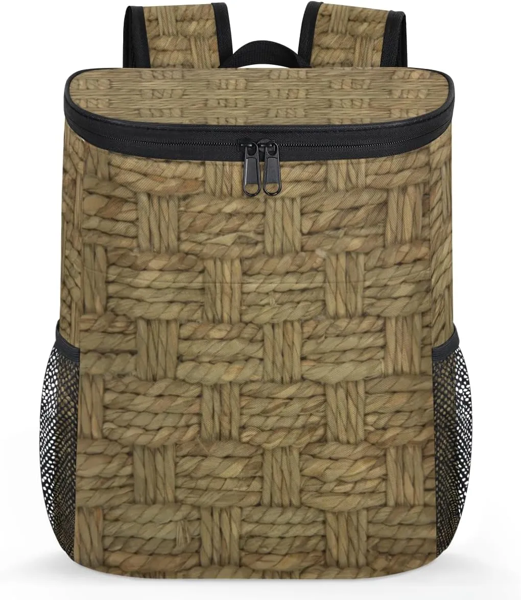 Straw Weaving Cooler Backpack Insulated Soft Cooler Bag Lightweight Waterproofing Cooler Lunch Backpack 25 Cans Cooler Backpack for Hiking Camping Beach