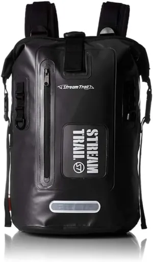 Stream Trail Waterproof Backpack 25L Heavy Duty Roll-Top Closure with Easy Access Front-Zippered Pocket and Cushioned Padded Back Panel for Comfort IPX6 Water Rsistance Dry Bag Black