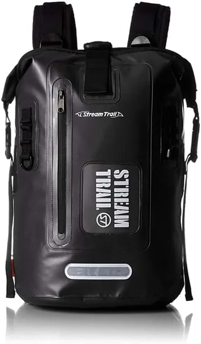 Stream Trail Waterproof Backpack 25L Heavy Duty Roll-Top Closure with Easy Access Front-Zippered Pocket and Cushioned Padded Back Panel for Comfort IPX6 Water Rsistance Dry Bag Black