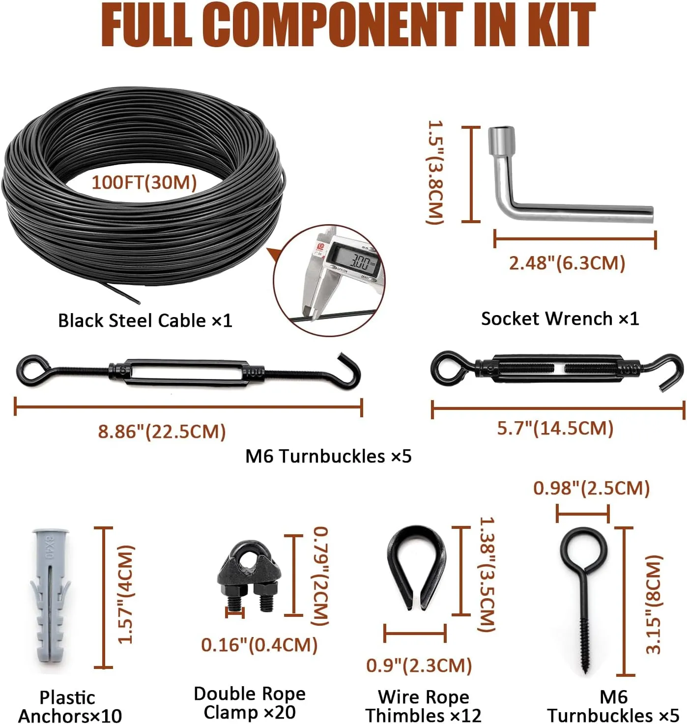 String Light Hanging Kit Outdoor, Full Black Globe String Lights Suspension Kit w/ 100FT PVC Coated Steel Cable & Enough Accessories, Guide Wire for String Lights, Patio Lights, Camping Light