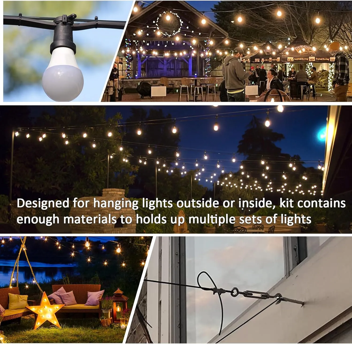String Light Hanging Kit Outdoor, Full Black Globe String Lights Suspension Kit w/ 100FT PVC Coated Steel Cable & Enough Accessories, Guide Wire for String Lights, Patio Lights, Camping Light