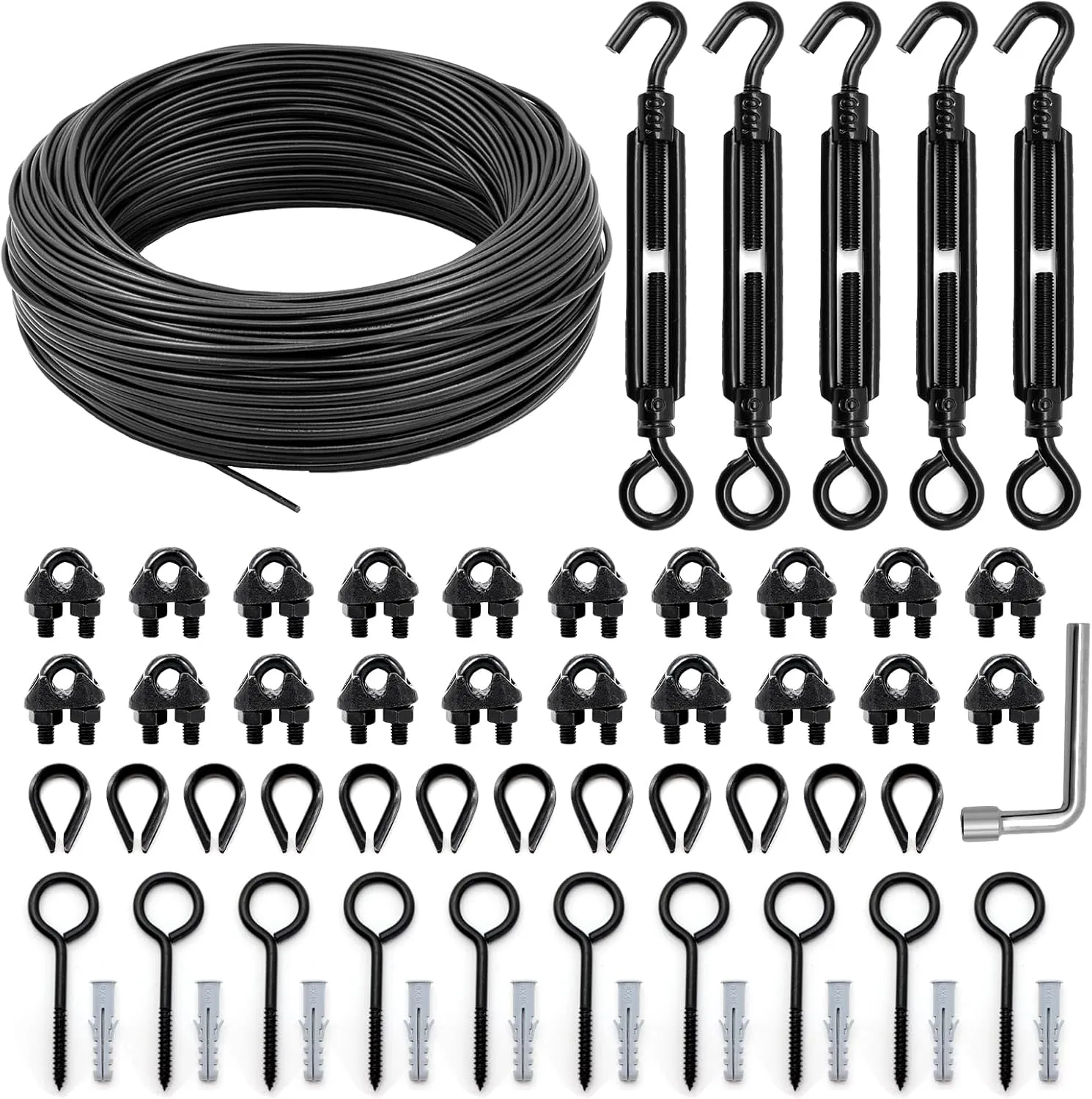 String Light Hanging Kit Outdoor, Full Black Globe String Lights Suspension Kit w/ 100FT PVC Coated Steel Cable & Enough Accessories, Guide Wire for String Lights, Patio Lights, Camping Light