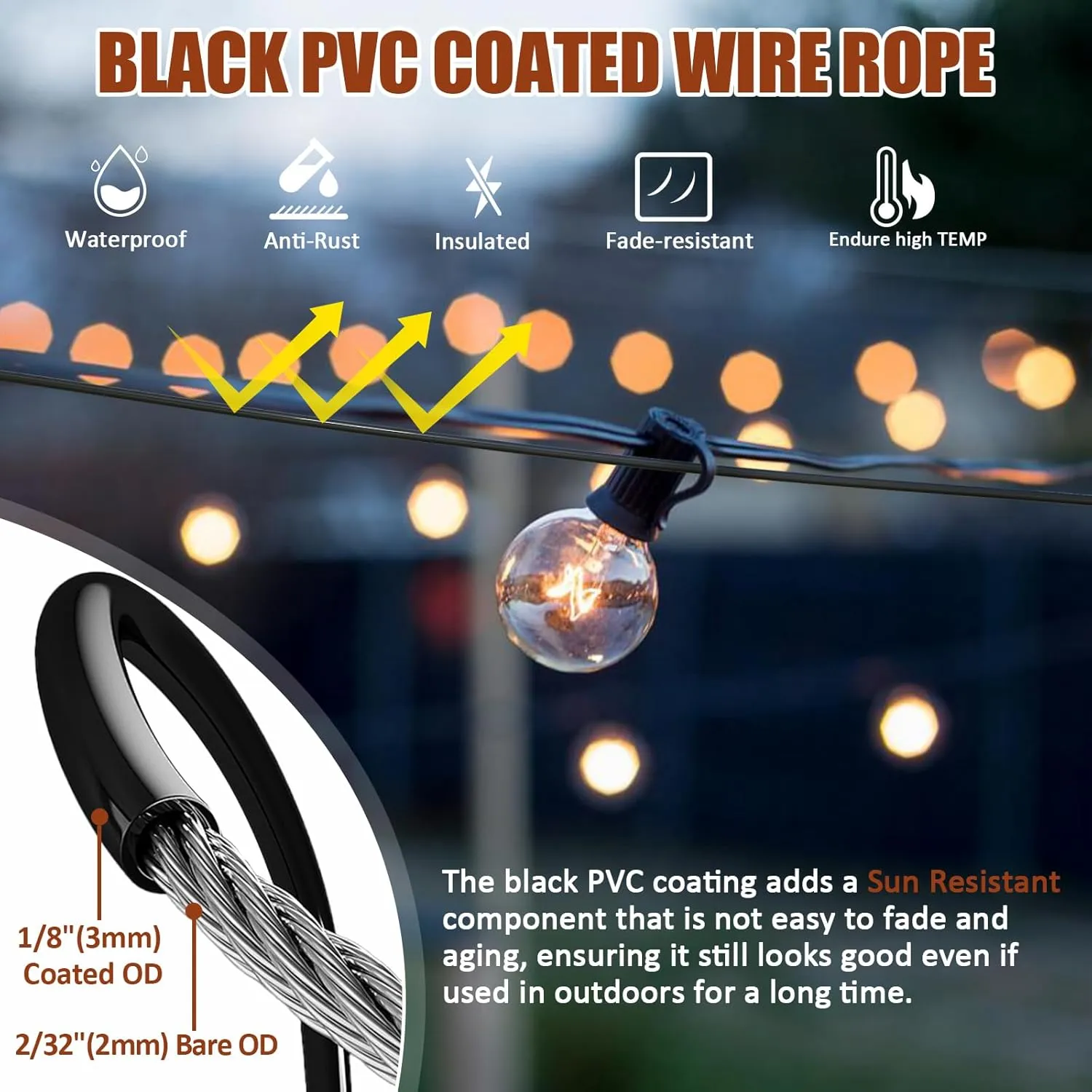 String Light Hanging Kit Outdoor, Full Black Globe String Lights Suspension Kit w/ 100FT PVC Coated Steel Cable & Enough Accessories, Guide Wire for String Lights, Patio Lights, Camping Light
