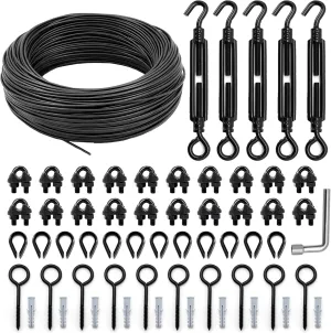 String Light Hanging Kit Outdoor, Full Black Globe String Lights Suspension Kit w/ 100FT PVC Coated Steel Cable & Enough Accessories, Guide Wire for String Lights, Patio Lights, Camping Light
