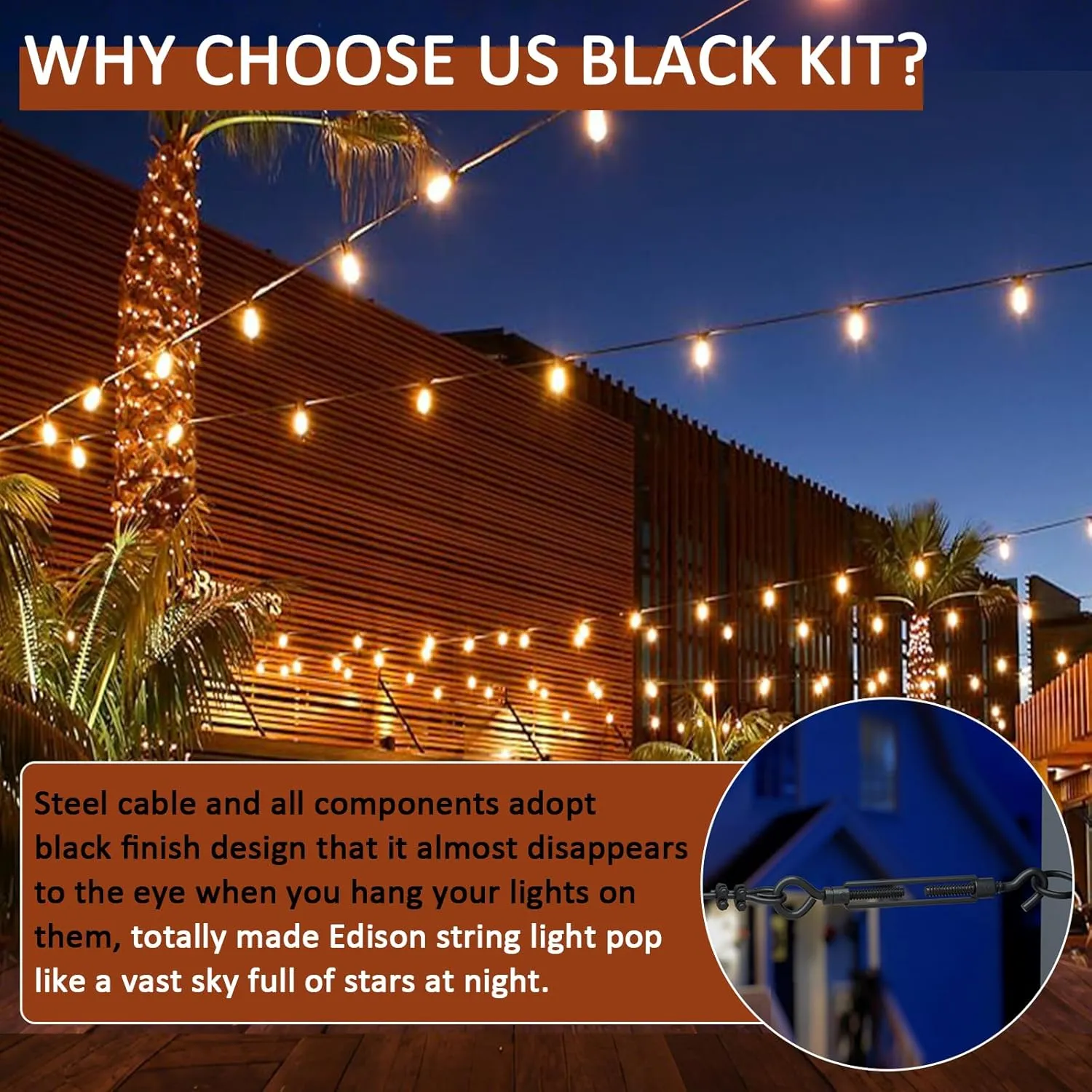 String Light Hanging Kit Outdoor, Full Black Globe String Lights Suspension Kit w/ 100FT PVC Coated Steel Cable & Enough Accessories, Guide Wire for String Lights, Patio Lights, Camping Light