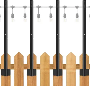 Suchtale 4 Pack 2.8 FT String Light Poles, Suspension Outdoor Fence Post Lights with Clip and Bracket, Outside String Lights Hanging, Wall Mounting Stand for Patio Garden Backyard Wedding Party, Black