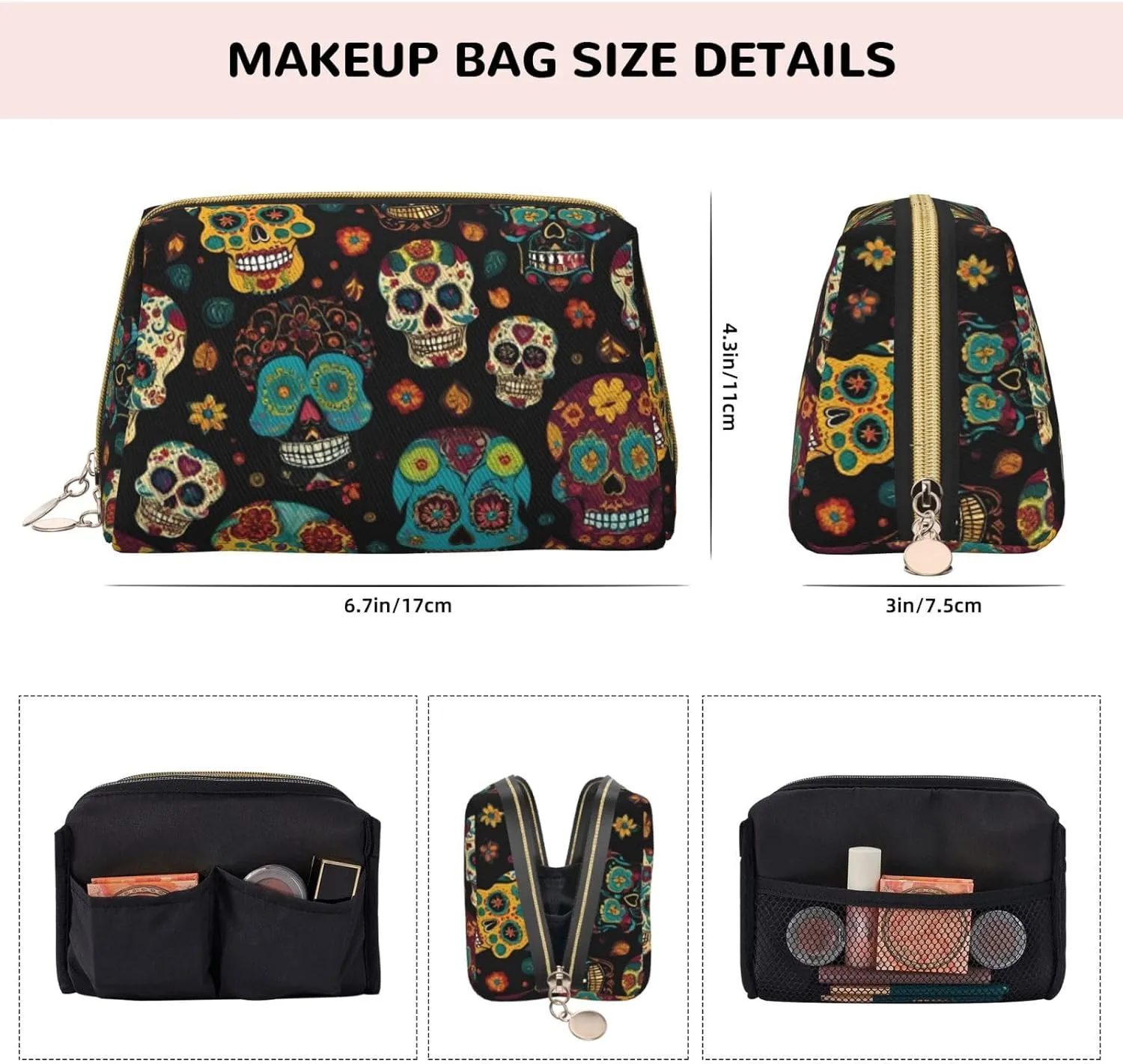 Sugar And Skulls Toiletry Pouch, Travel-Friendly Makeup Organizer For Makeup Brushes, Lipsticks