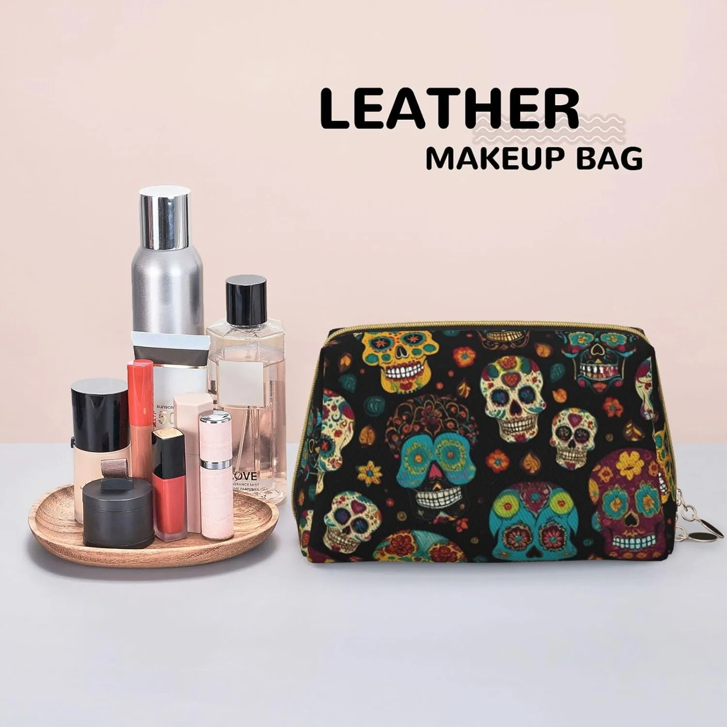 Sugar And Skulls Toiletry Pouch, Travel-Friendly Makeup Organizer For Makeup Brushes, Lipsticks